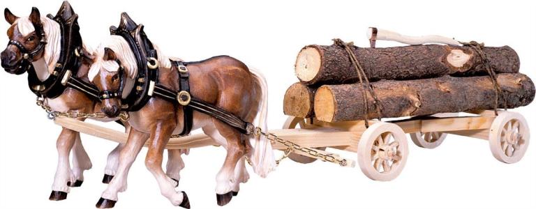 2 Zugpferde mit Holzwagen - color- Holzschnitzerei6073_5