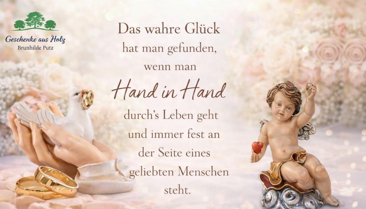 Hochzeitsgeschenk aus Holz – liebevolle Holzfiguren Hände mit Taube, Herz und Engel zur Hochzeit