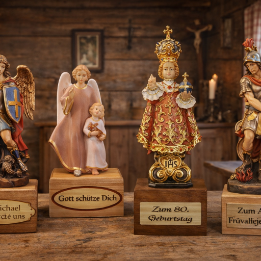 geschnitzte Holzfiguren auf gravierten Holzsockel