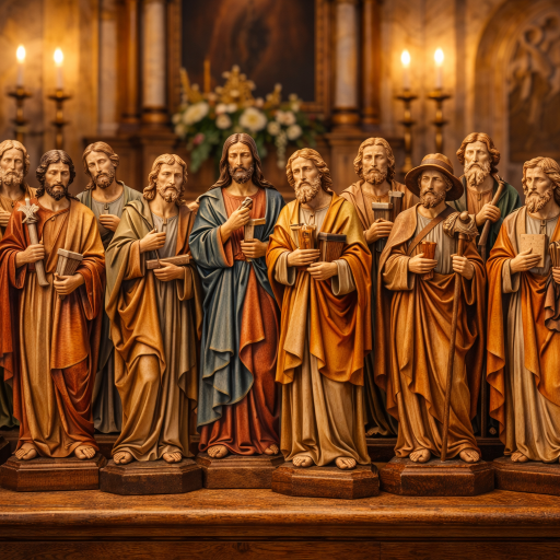 Zwölf Apostel in kunstvoller Holzschnitzdarstellung