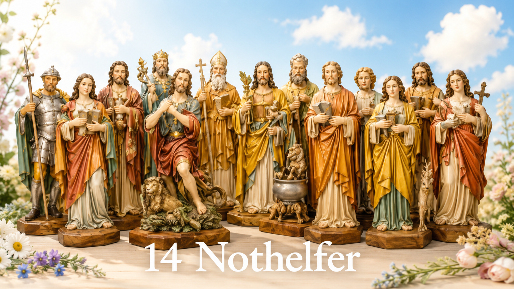 14 Nothelfer als hochwertige holzgeschnitzte Heiligenfiguren in traditioneller Darstellung
