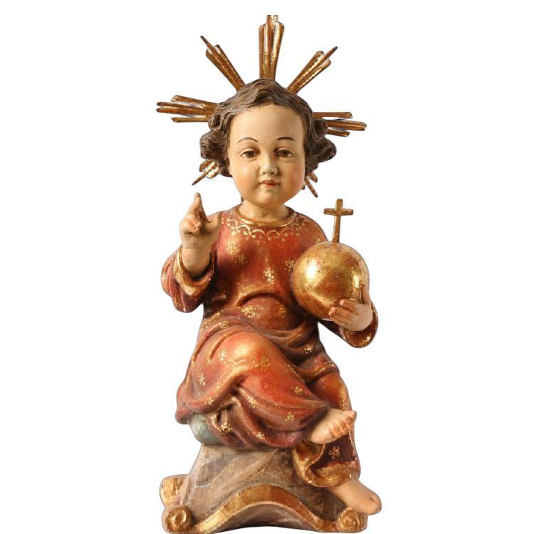 Jesukind Holzfigur mit Strahlenkranz, Reichsapfel und Segensgestus