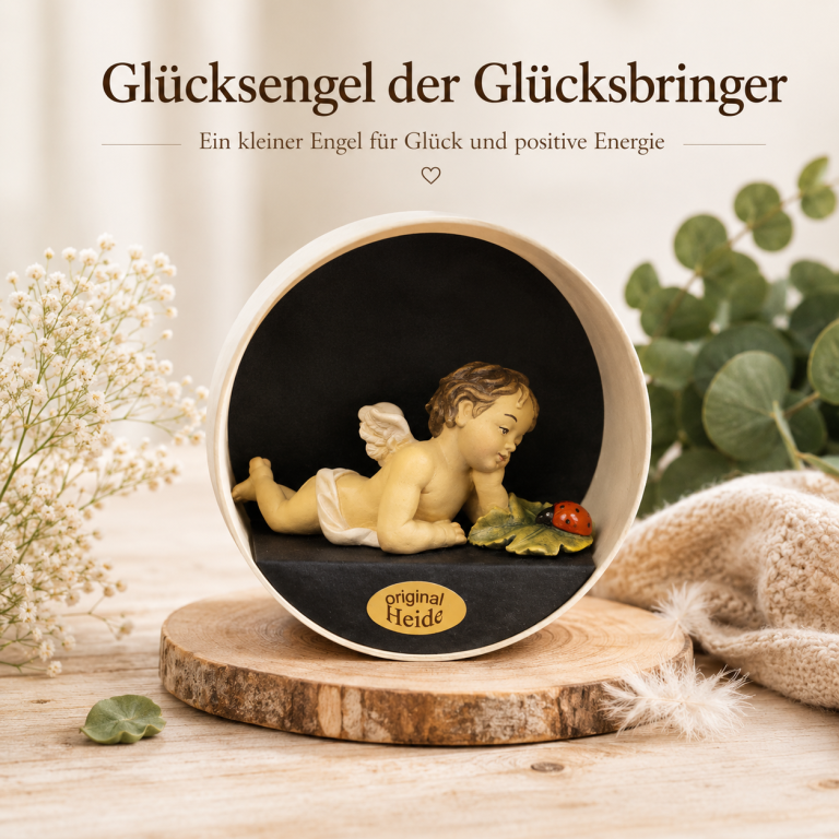 Holzgeschnitzter Glücksengel der Glücksbringer mit Marienkäfer in dekorativer Rundverpackung von Original Heide