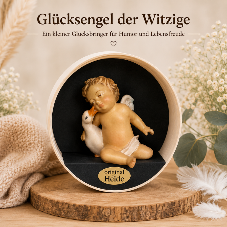 Holzgeschnitzter Glücksengel der Witzige mit Gans in dekorativer Spandose von Original Heide