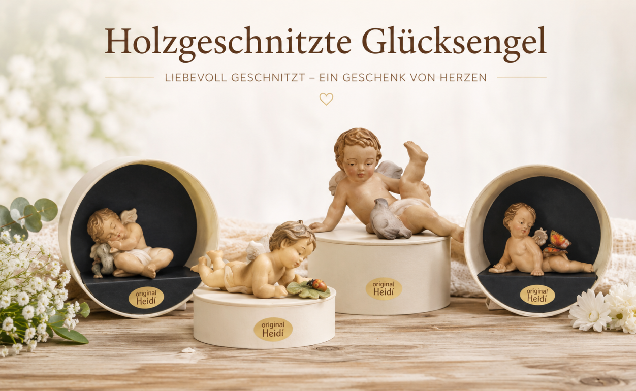 Holzgeschnitzte Glücksengel aus Holz als dekorative Glücksbringer und Geschenkidee