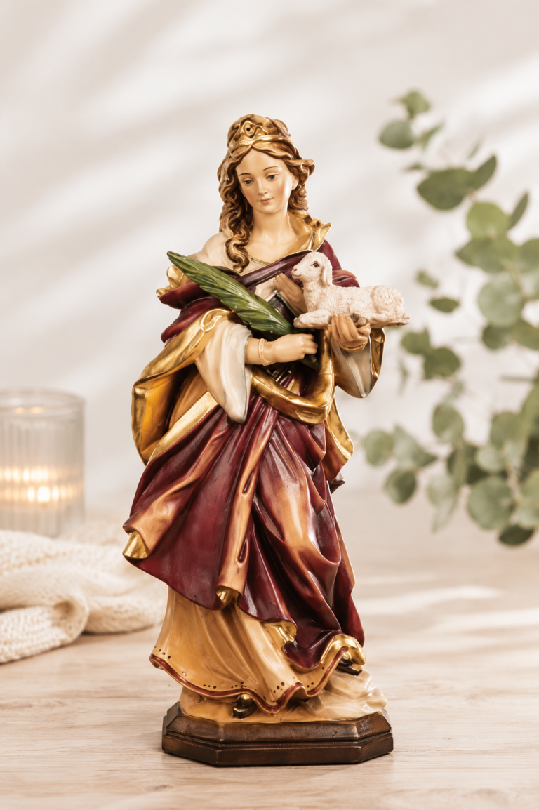 Heilige Elisabeth Holzfigur mit Palmenzweig und Kreuz in farbiger Ausführung
