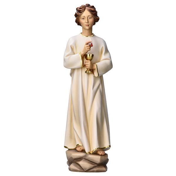 Eine religiöse Statue einer jungen Person in langem weißem Gewand mit Kelch