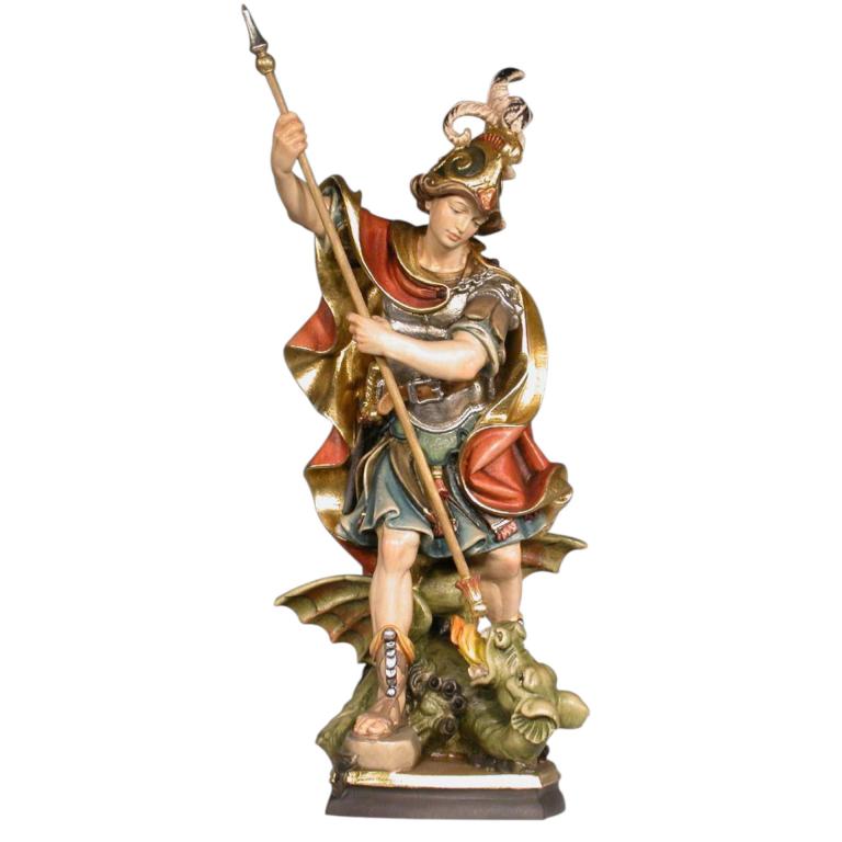 Eine kunstvoll bemalte Figur eines gepanzerten Kriegers mit Lanze auf einem Drachen