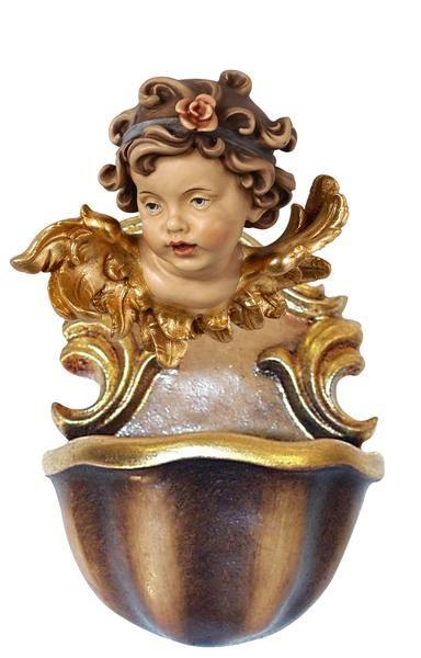 Verziertes Wandobjekt mit einem barocken Engelskopf und goldenen Ornamenten über einer halbrunden Schale