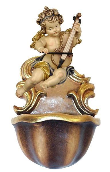 Verzierte Figur eines Engels oder Putto mit Geige auf einer muschelartigen Basis