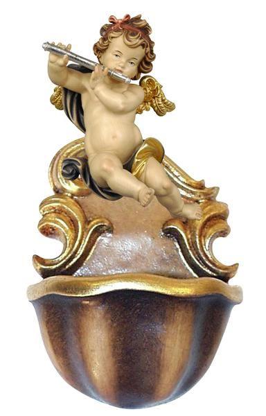 Dekorative Figur eines Engels mit Flöte auf einem ornamentierten Sockel