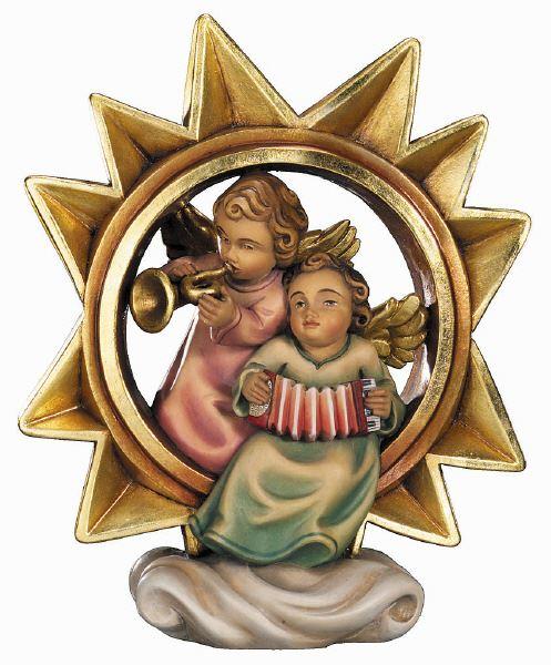 Dekorative Figur mit zwei Engeln in einem goldenen Sternrahmen, einer spielt Trompete und der andere Akkordeon