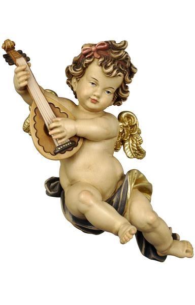 Ein kleiner Engel mit Locken hält eine Laute und schwebt vor weißem Hintergrund.
