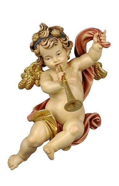 Dekorative Figur eines fliegenden Engels mit Locken, Goldflügeln und einer Trompete