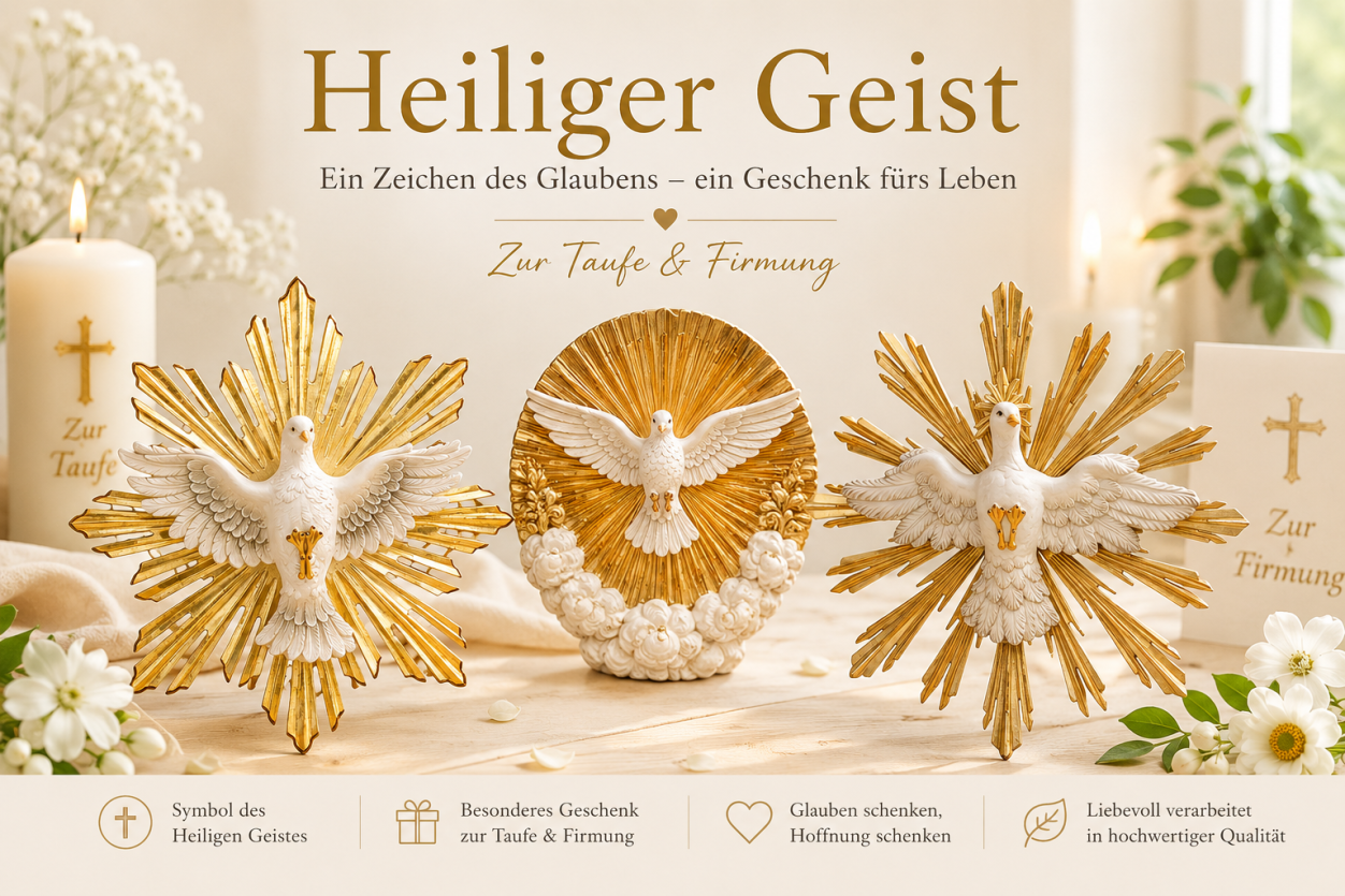 Heiliger Geist Taube aus Holz mit goldenem Strahlenkranz als Geschenk zur Taufe und Firmung